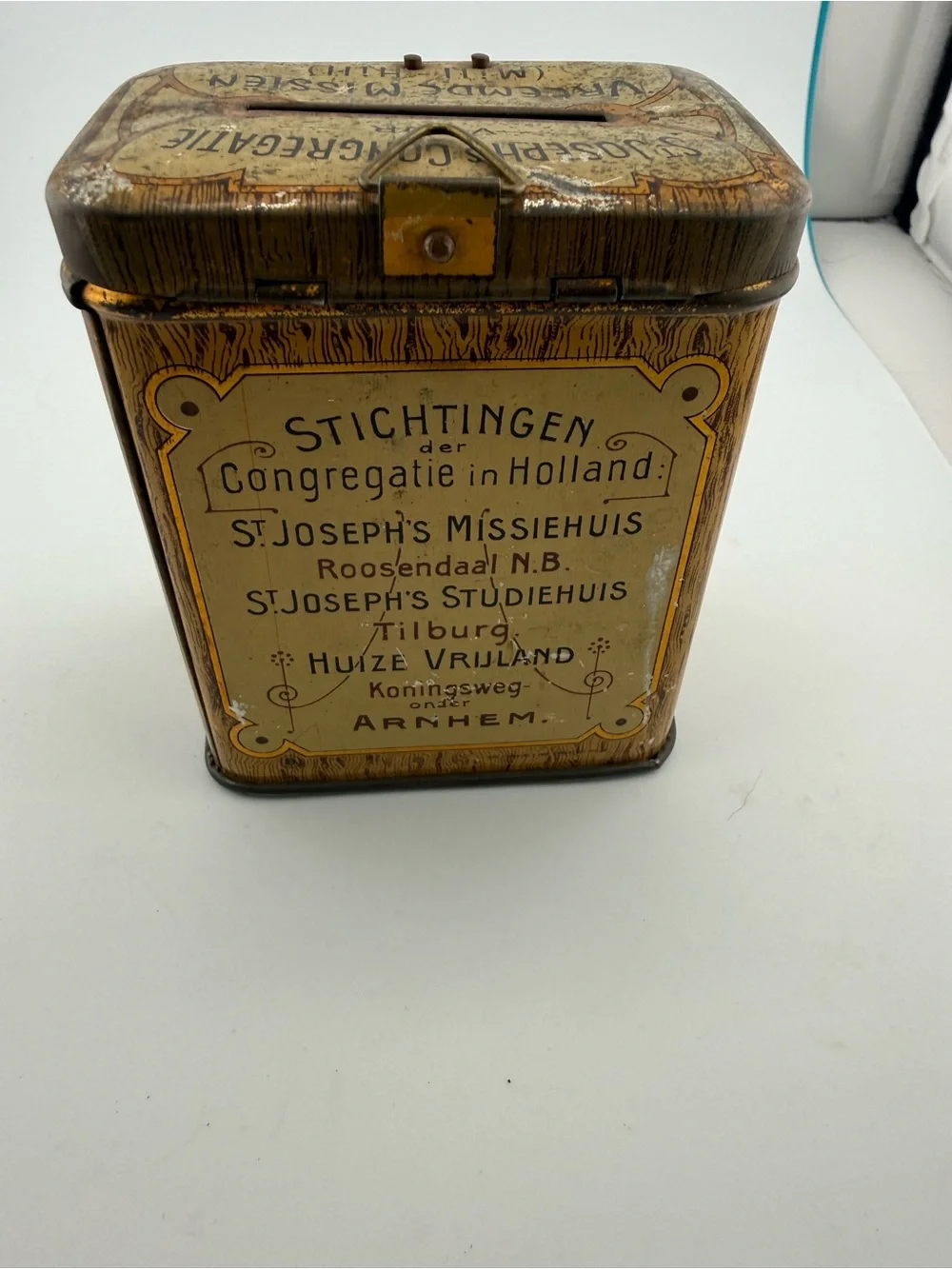 Antique Dutch St Joseph Mission Tin Charity Collection Box Bank 1920s 1930s